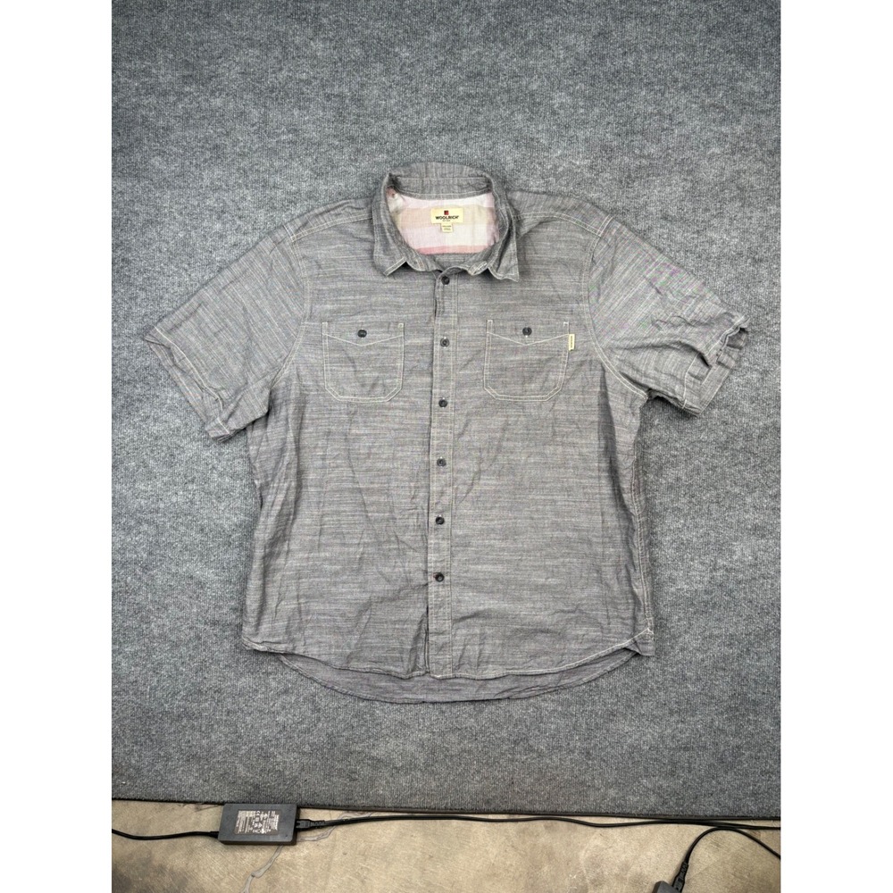 Woolrich Mens XXL Gray Short Sleeve Button Down Shirt Cotton Chambray Outdoor